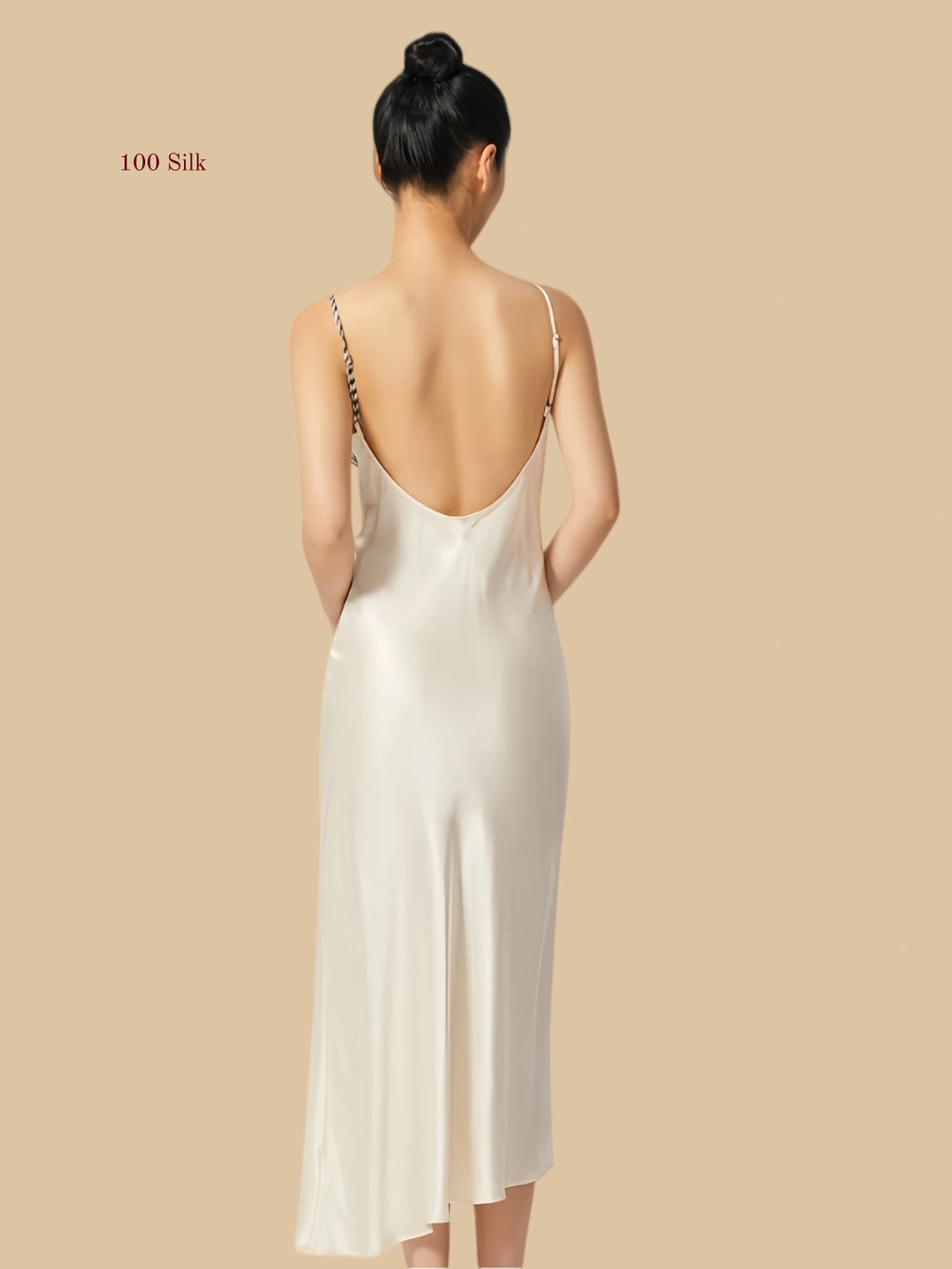 Deep U-shaped open back design with asymmetrical striped straps on a 100% mulberry silk dress.