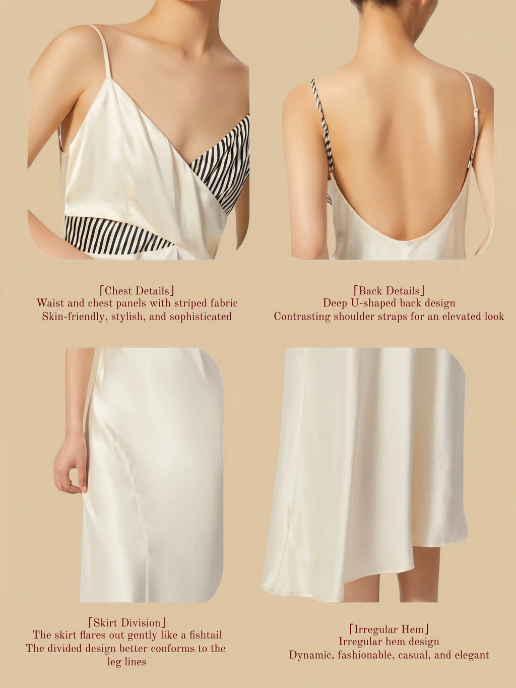 19mm white mulberry silk dress featuring a unique criss-cross wrap bodice with contrasting striped and solid panels.