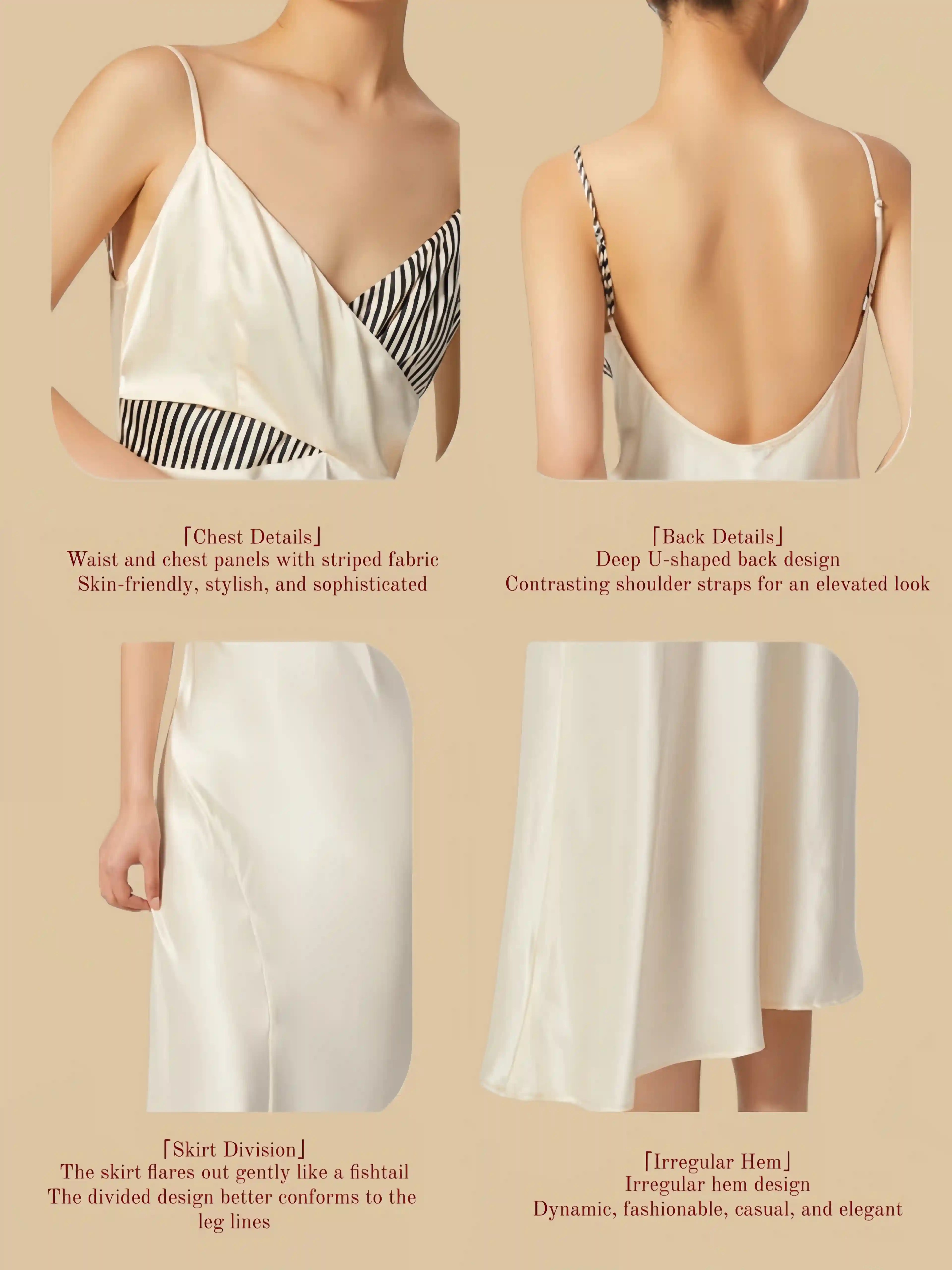 19mm white mulberry silk dress featuring a unique criss-cross wrap bodice with contrasting striped and solid panels.