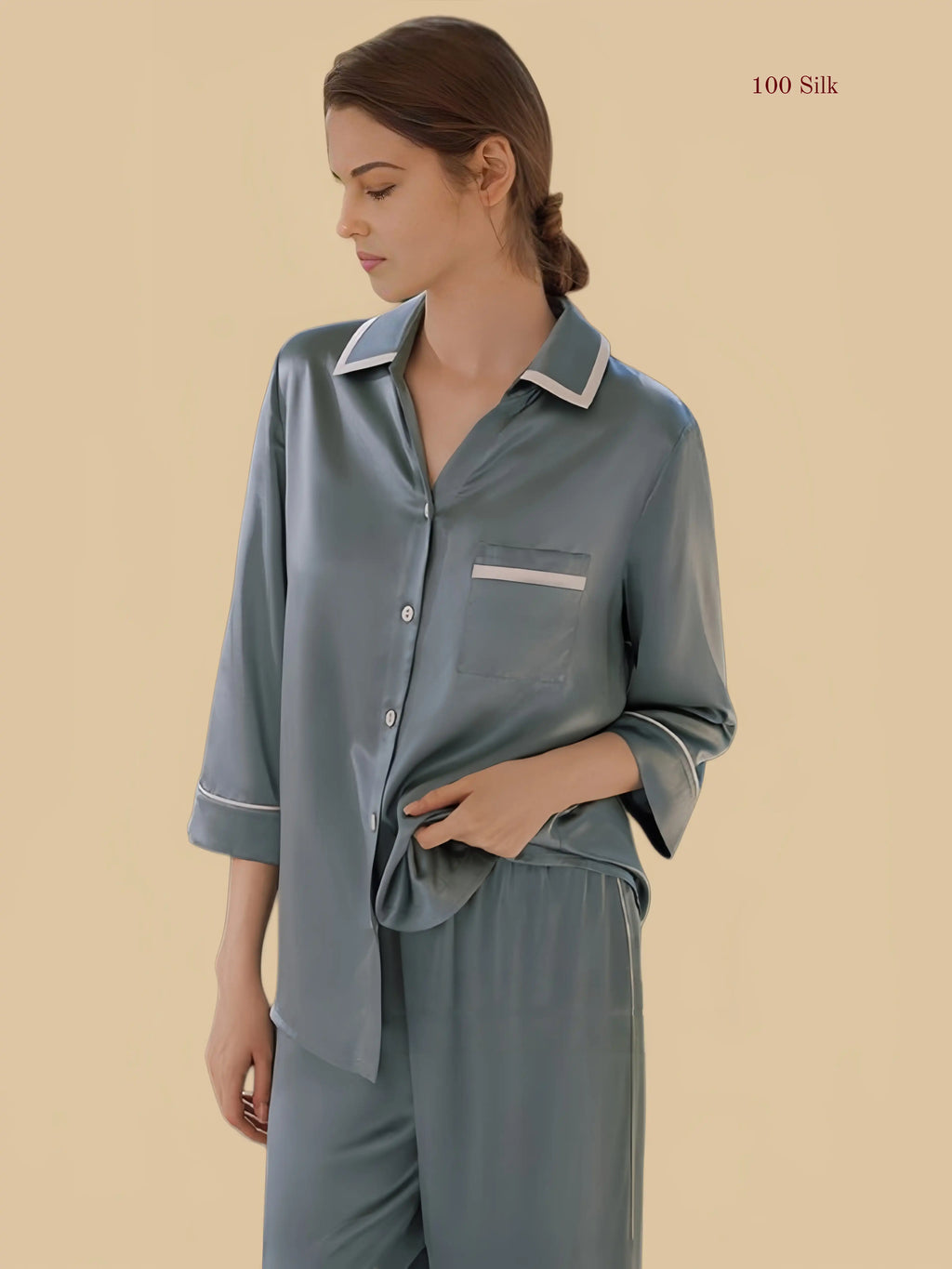 Misty blue 19mm silk shirt and pants set front view with clean shirt collar and chest