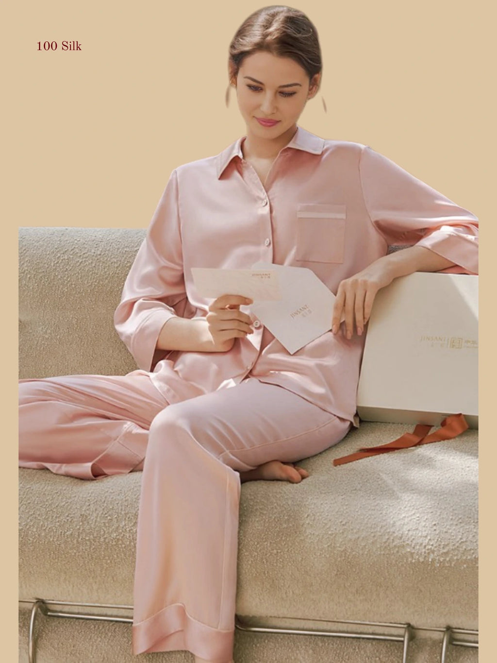 Pink 19mm silk shirt and pants set front view with clean shirt collar and chest pocket