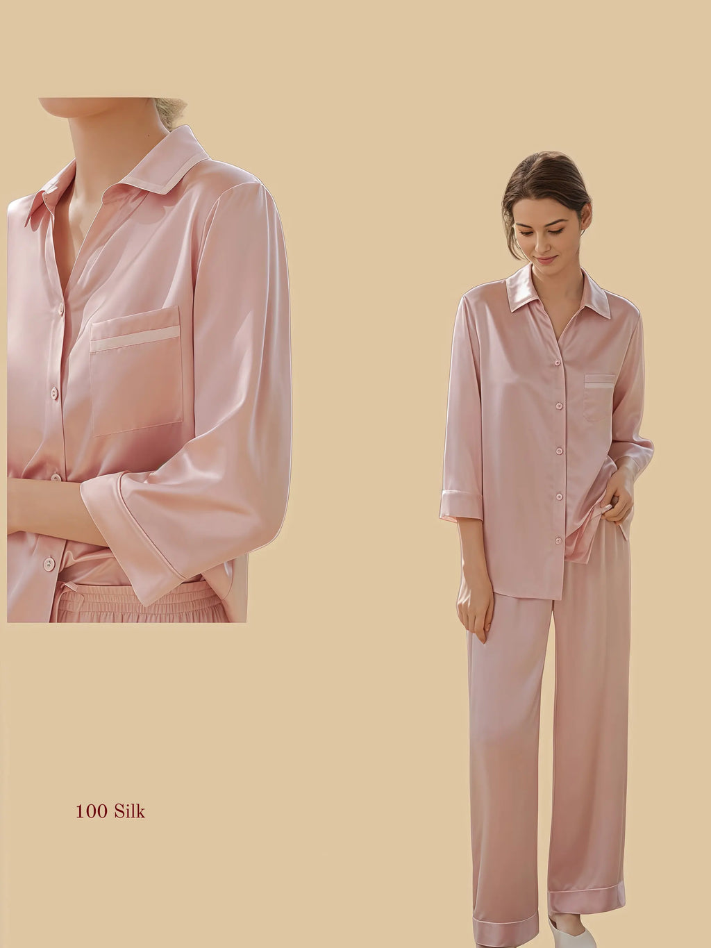 Pink 19mm silk shirt and pants set front view with clean shirt collar and chest pocket