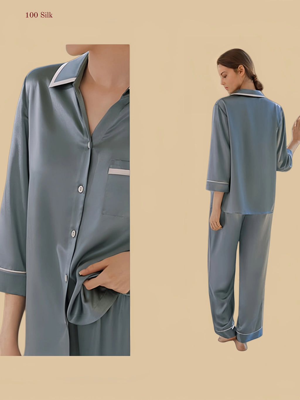 Misty blue 19mm silk shirt and pants set back view with long sleeves and full-length pants