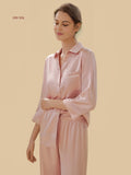 Pink 19mm silk shirt and pants set front view with clean shirt collar and chest pocket