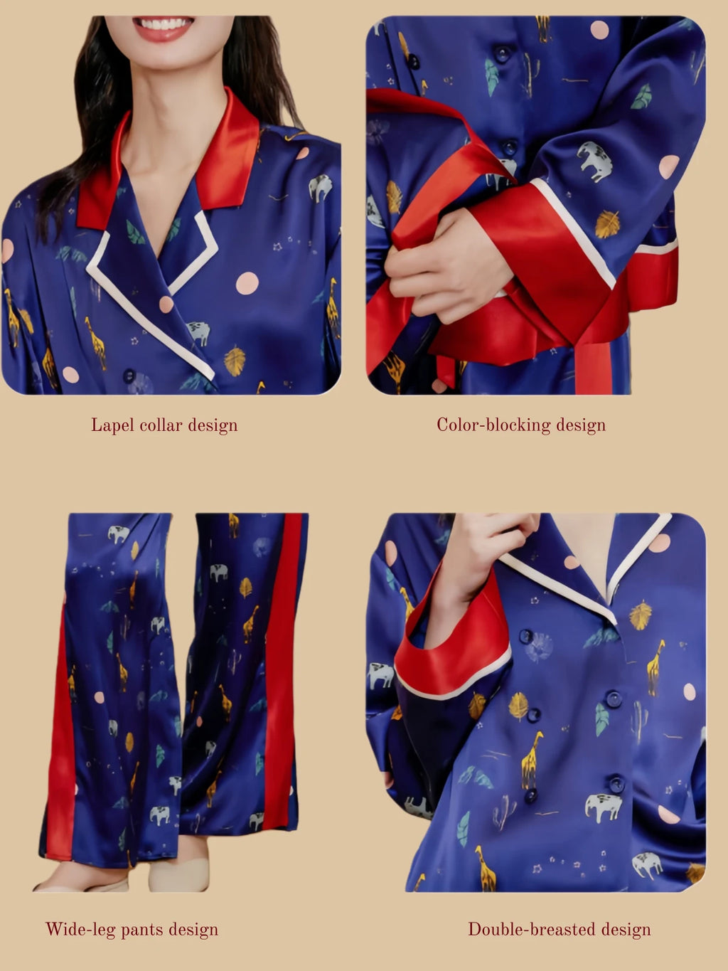 Navy blue 19mm printed silk set close view with lapel collar and color-blocked trim Detail view of printed silk set showing lapel collar, contrast cuffs, wide-leg pants, and double-breasted front