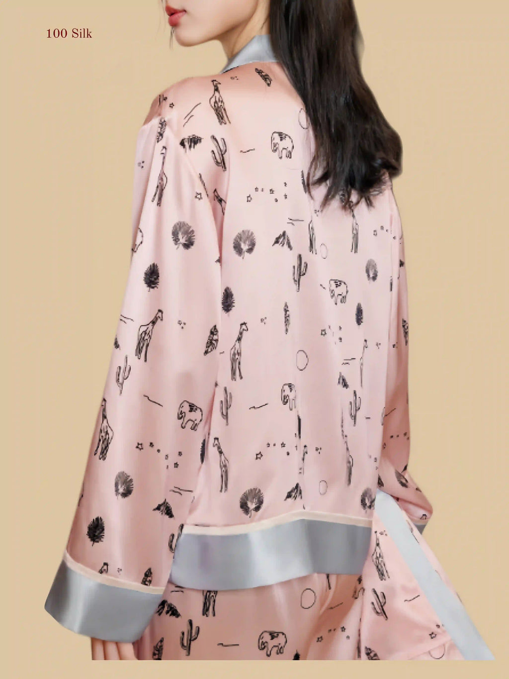 Pink 19mm printed silk set back view with full-length pants and contrast hem