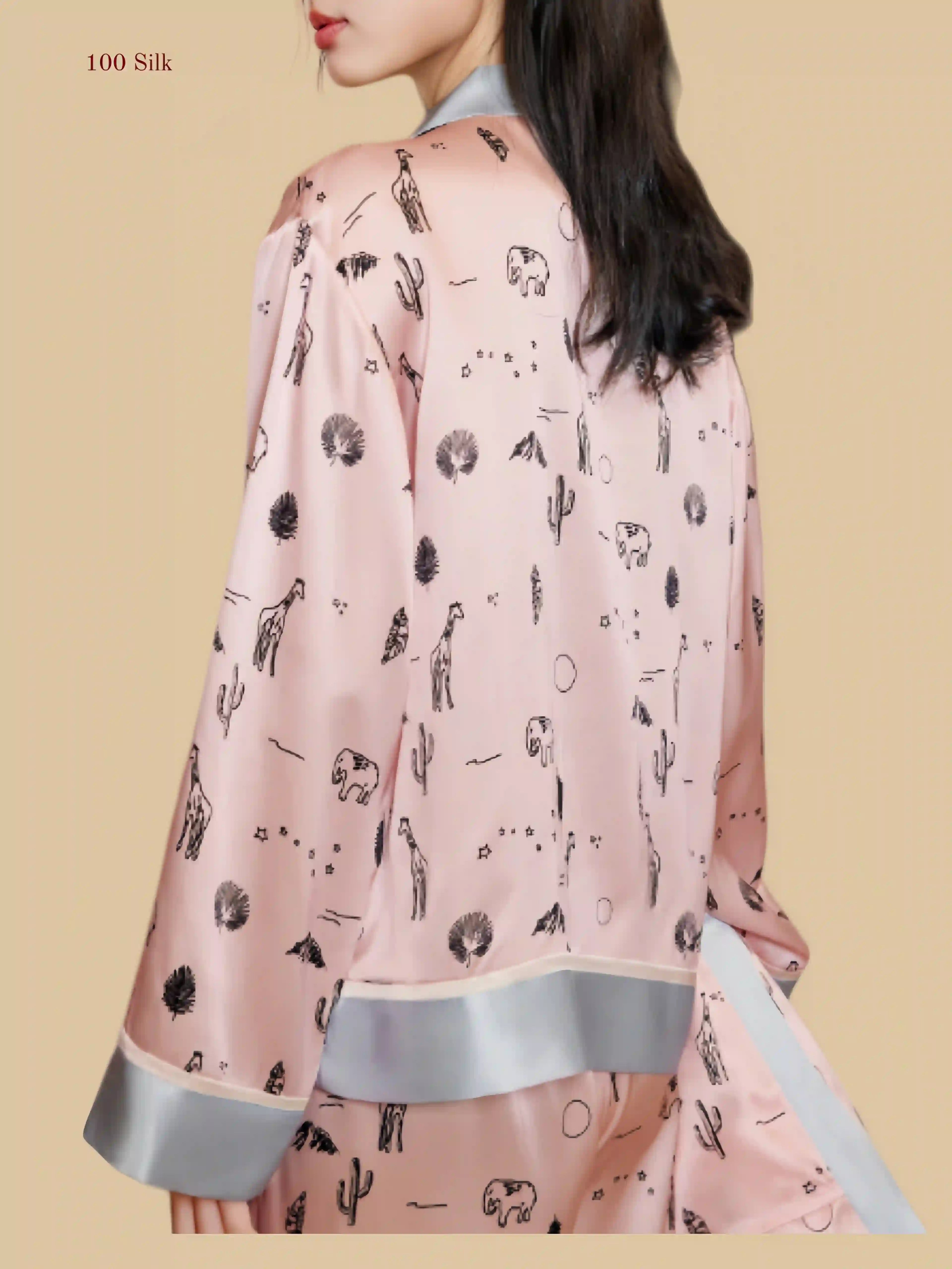 Color-Blocked Printed Silk Pajamas - 100% Mulberry Silk Silk Nightgown And Robe Set | Silkgala