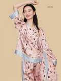 Pink 19mm printed silk set front view with lapel collar and contrast color-block trim