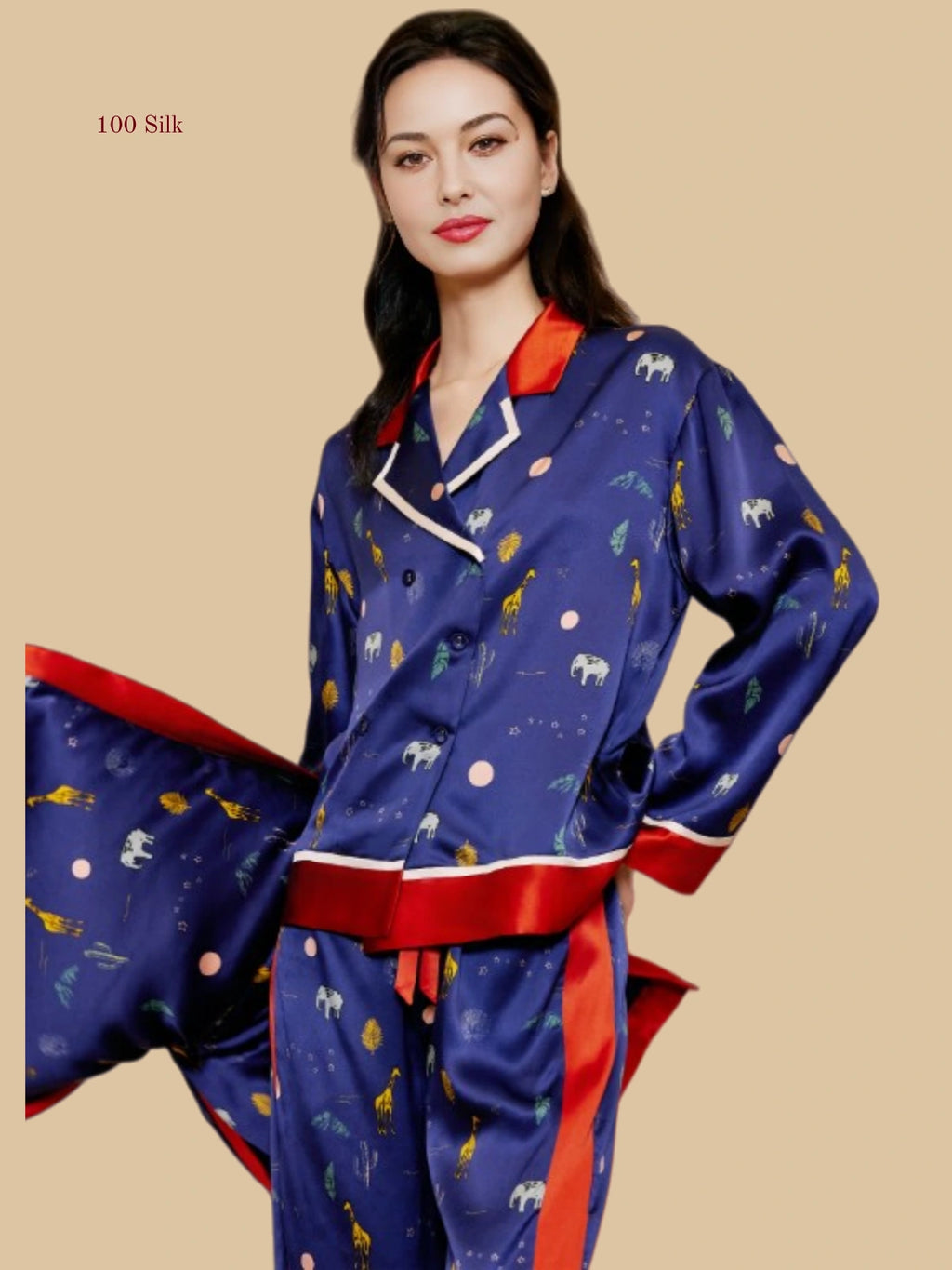 Navy blue 19mm printed silk set front view with red contrast collar and side-panel pant