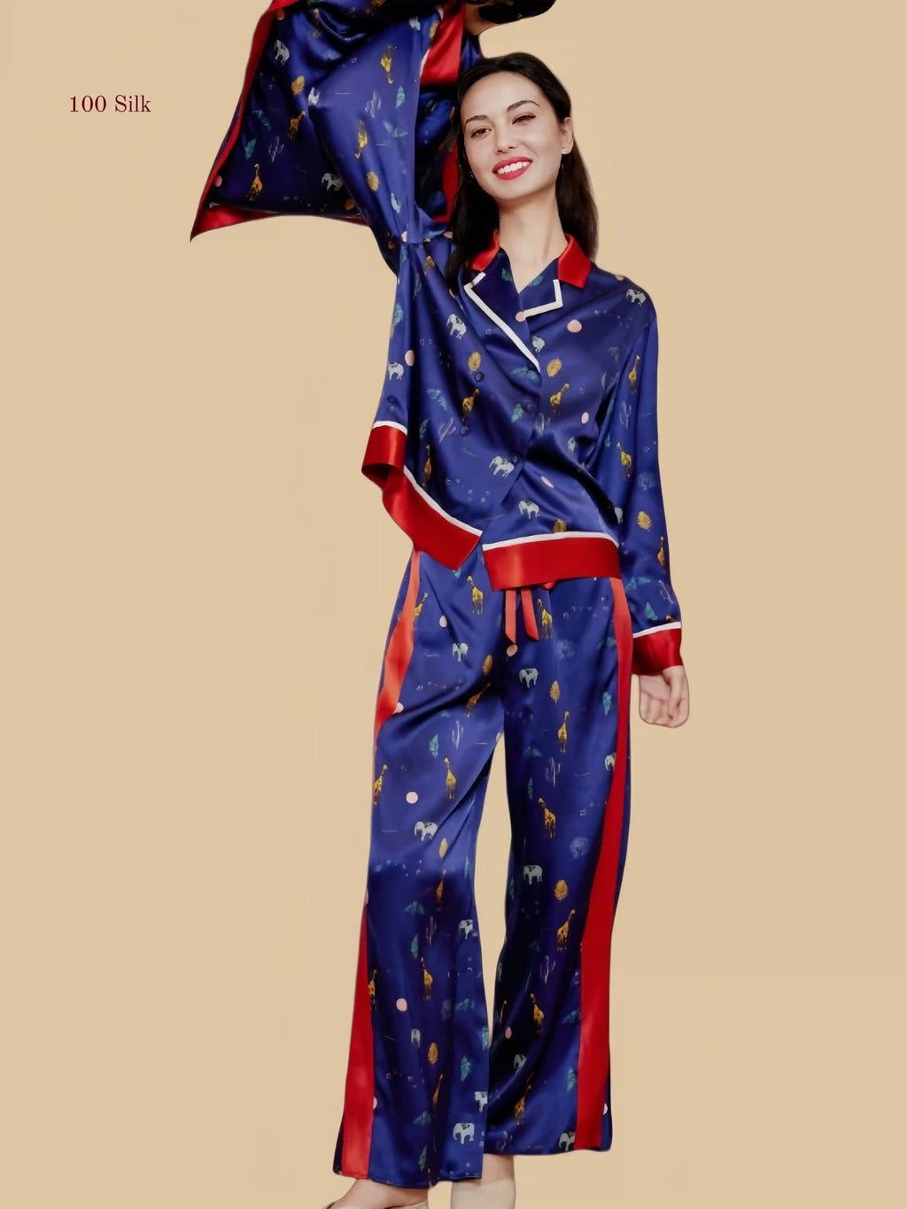 Navy blue 19mm printed silk set front view with red contrast collar and side-panel pants