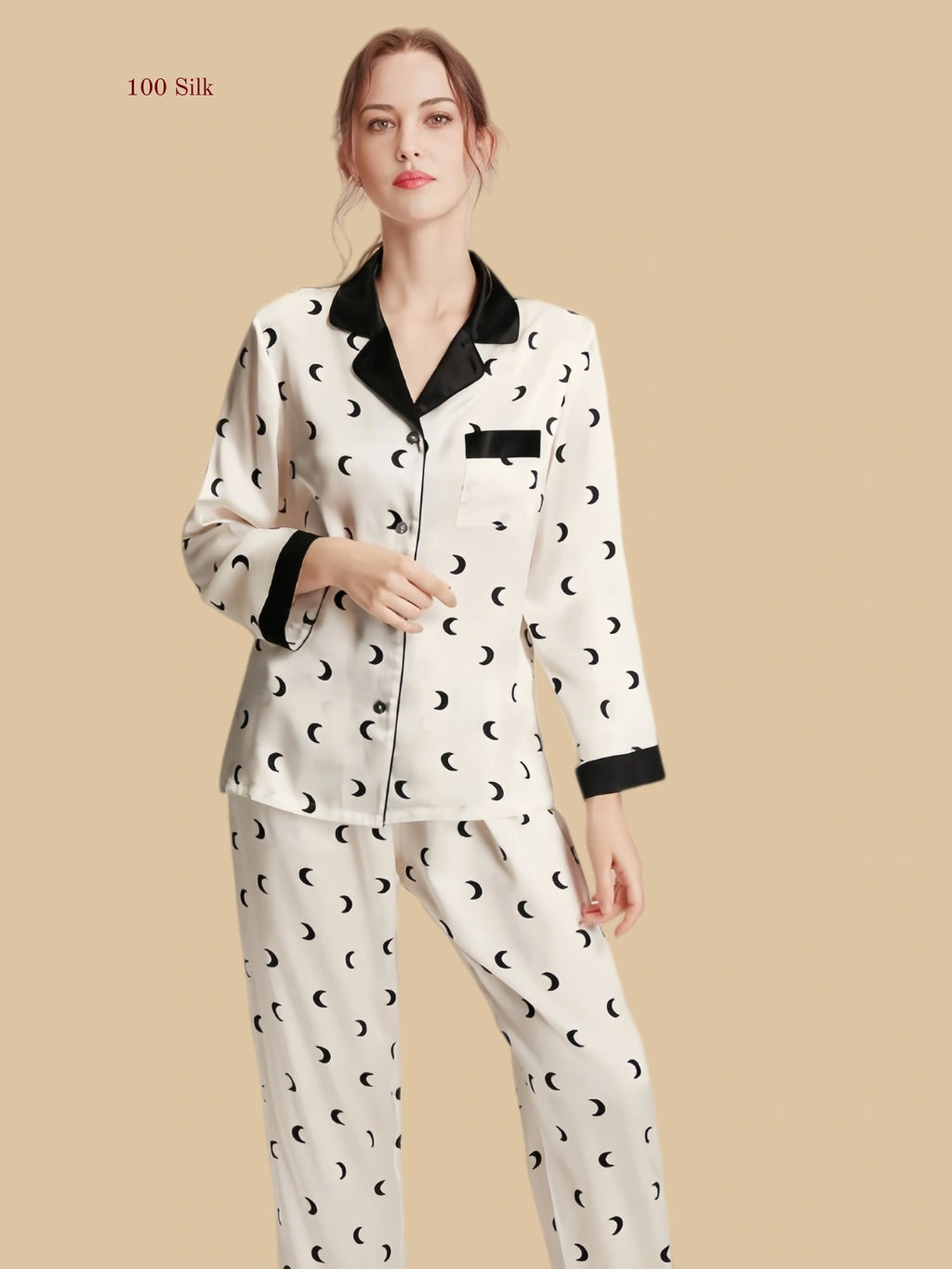 Crescent Ivory 16mm printed silk pajama set front view with crescent moon print and contrast black collar