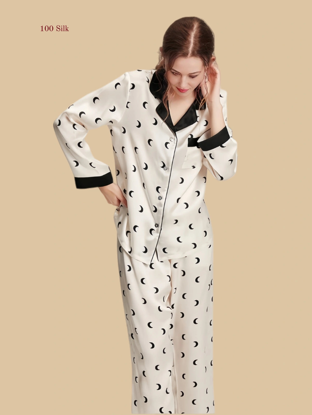 Crescent Ivory 16mm printed silk pajama set front view with crescent moon print and contrast black collar
