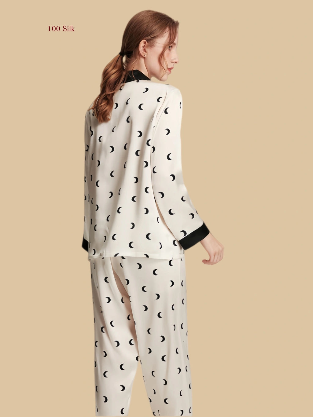 Crescent Ivory 16mm printed silk pajama set back view with full-length straight pants