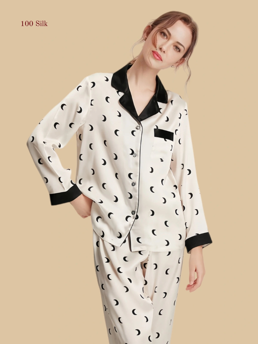 Crescent Ivory 16mm printed silk pajama set front view with crescent moon print and contrast black collar