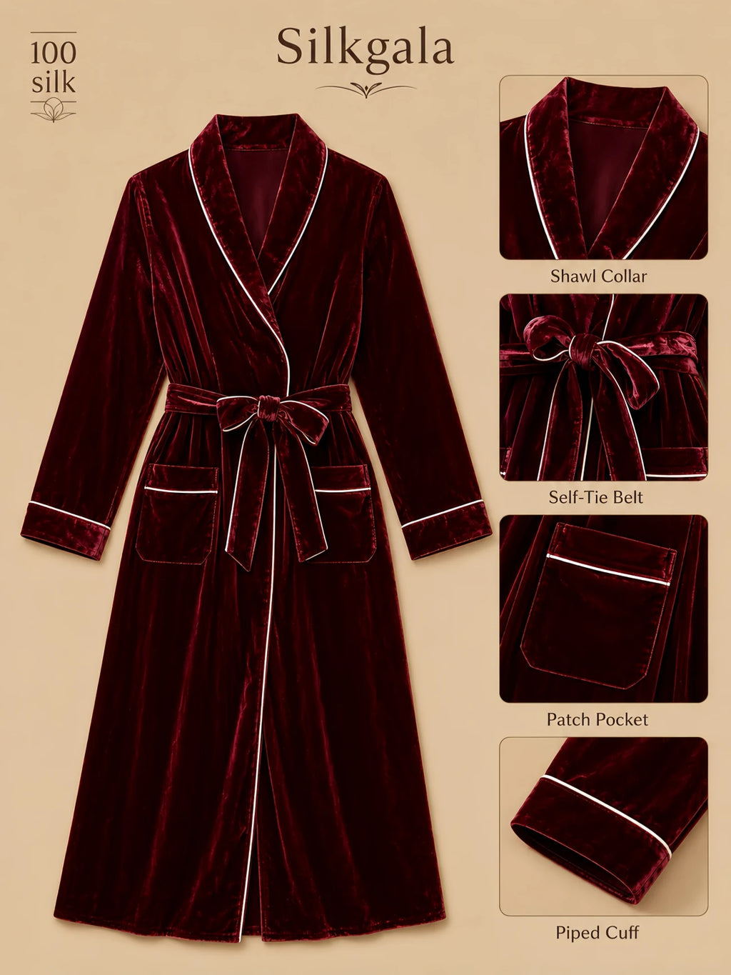 Silkgala contrast-piped shawl robe detail image featuring a burgundy silk-base velvet robe with a shawl collar, self-tie belt, front patch pockets, piped cuffs, and a long wrap-front silhouette.
