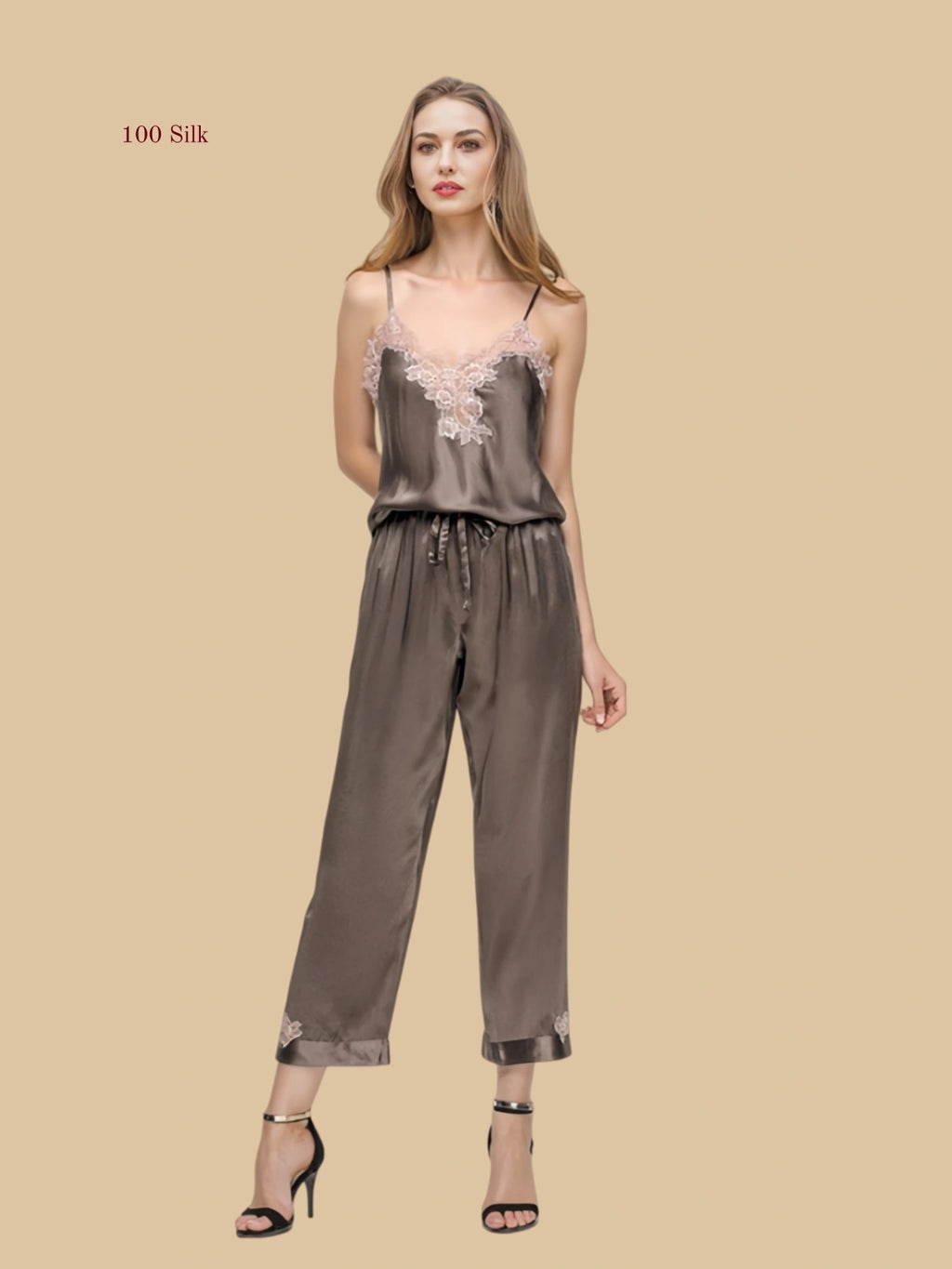 Dark brown 19mm silk cami set front view with lace neckline and long straight pants