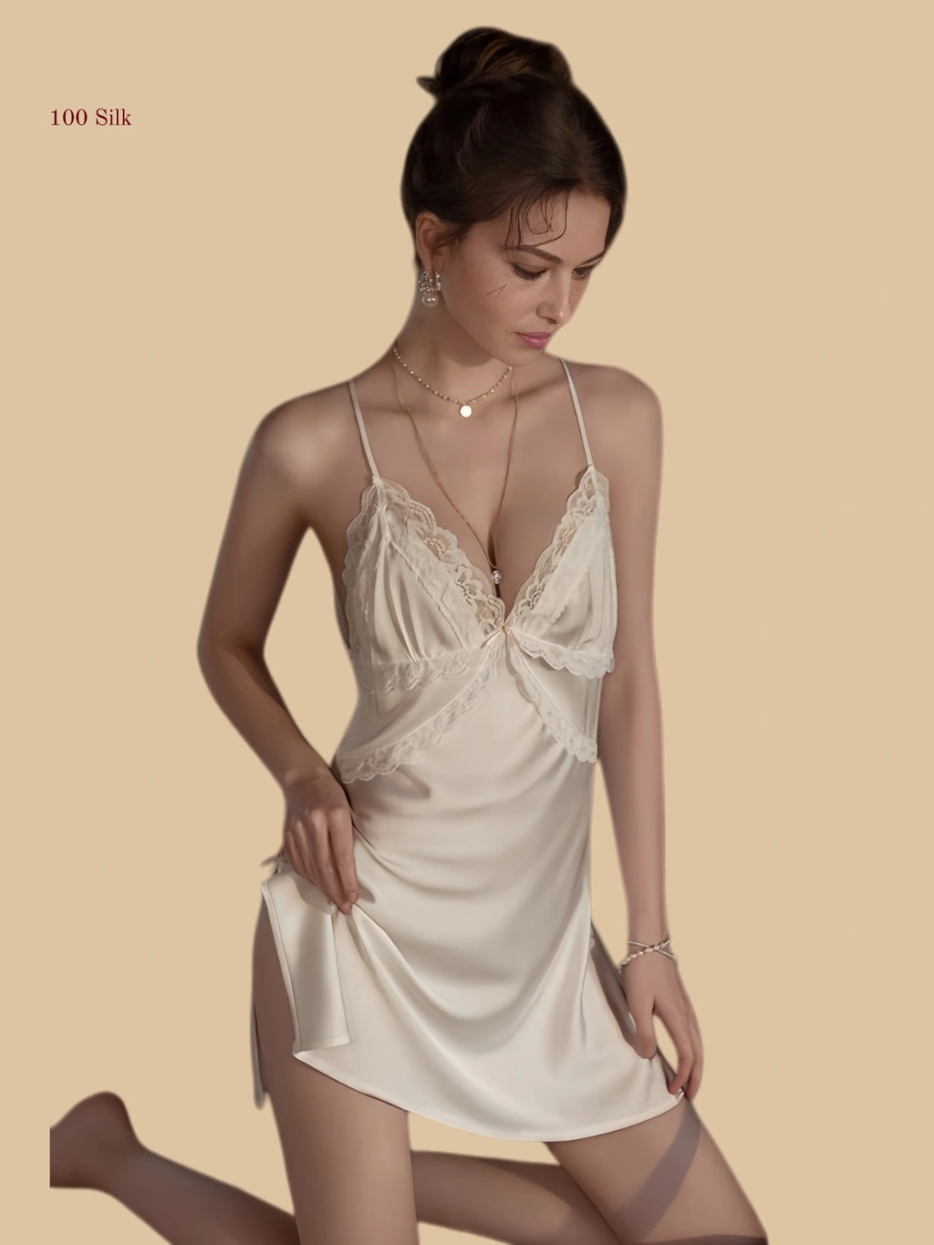 Front view of a 19mm white silk micro dress featuring a unique halter strap and centered bow with a lace-trimmed side slit.