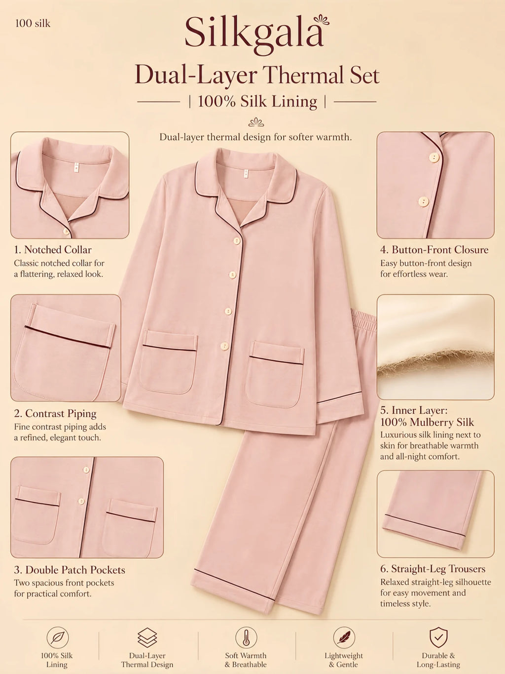 Silkgala dual-layer thermal silk pajama set detail image featuring a soft pink four-button top with notched collar, contrast piping, double patch pockets, 100% mulberry silk lining, and straight-leg trousers.