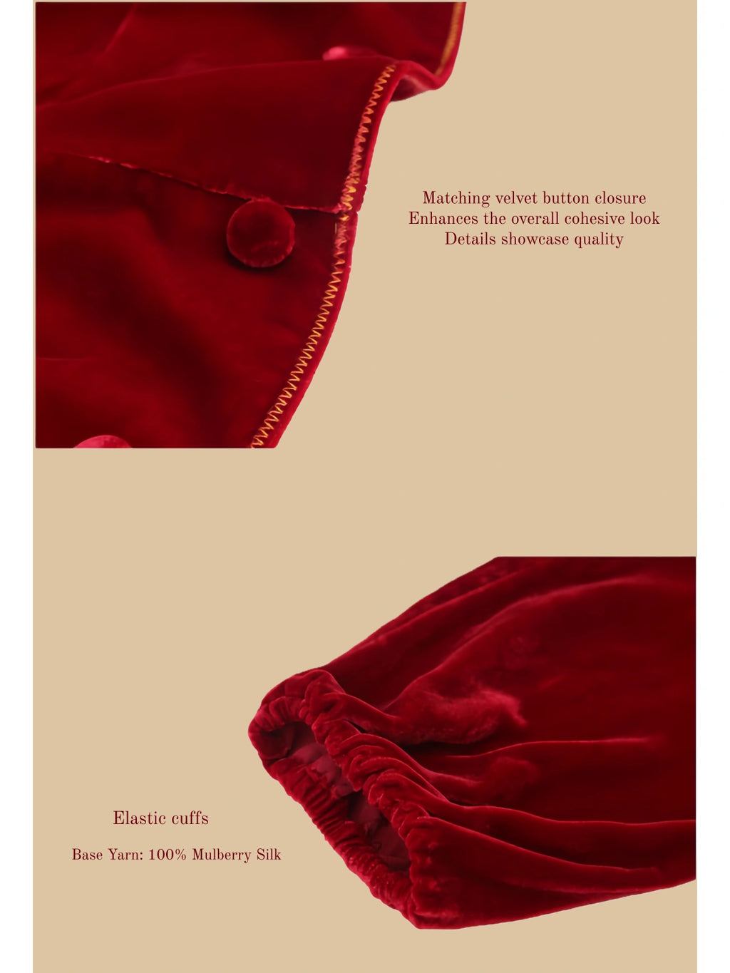 Burgundy velvet dress detail view with covered button front and elastic cuff