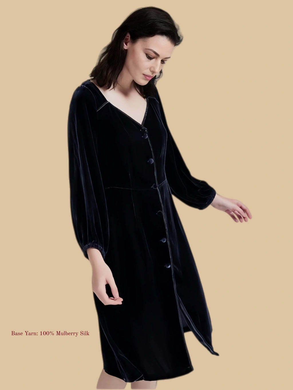 Deep sea purple velvet dress side-front view with covered button front and long sleeves