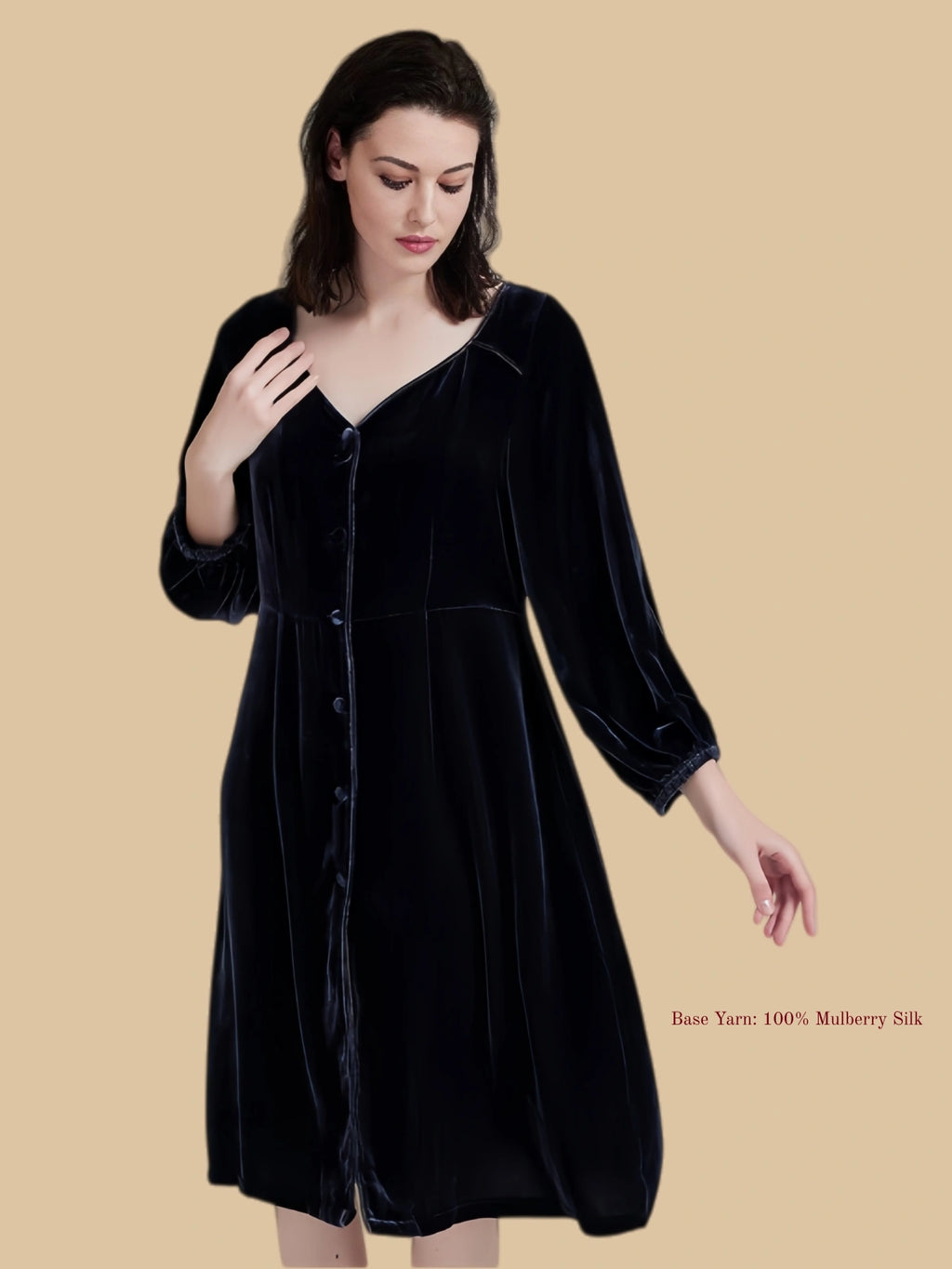Deep sea purple velvet dress front view with relaxed V neckline and midi silhouette