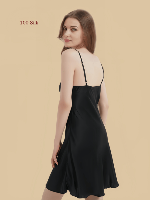 back view of silk nightgown with straight low back