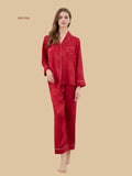 Red 19mm jacquard pajamas front view with tonal floral weave, notched collar, and chest pocket