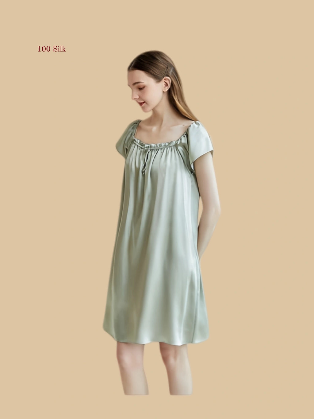 green silk sleep dress front view with pleated U-neck and soft cap sleeves