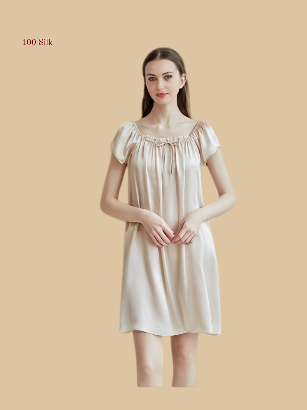 beige silk sleep dress front view with pleated U-neck and soft cap sleeves