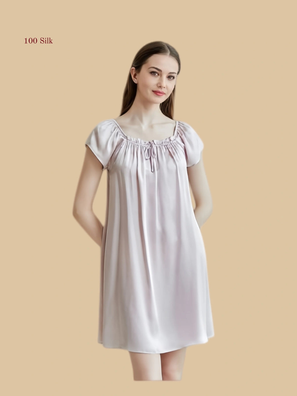 pink silk sleep dress front view with pleated U-neck and soft cap sleeves