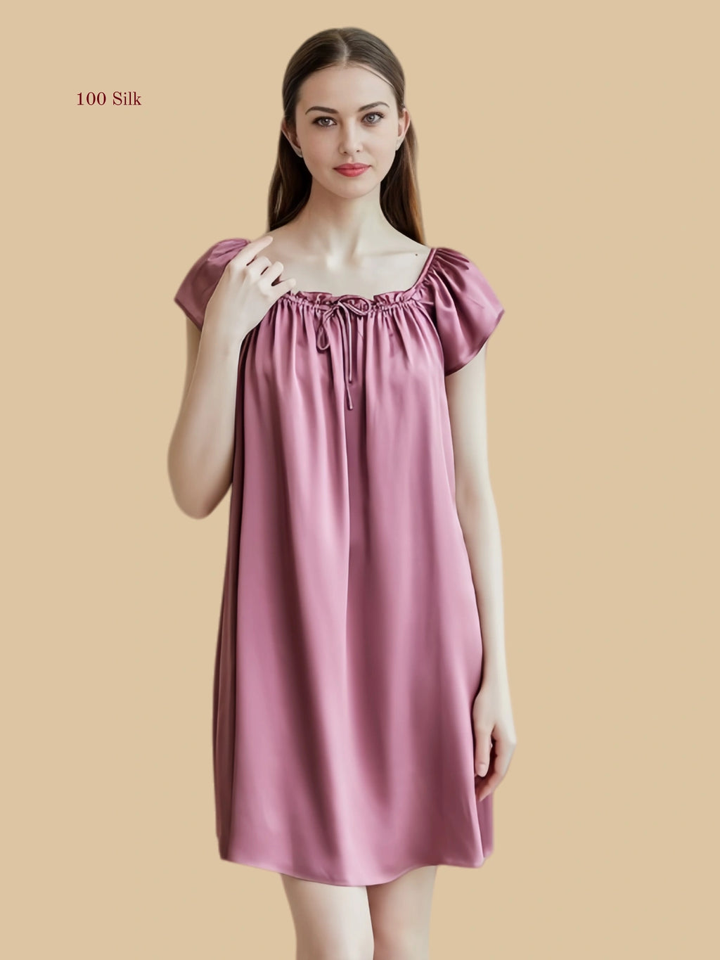 purple silk sleep dress front view with pleated U-neck and soft cap sleevessleeves