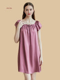 purple silk sleep dress front view with pleated U-neck and soft cap sleevessleeves