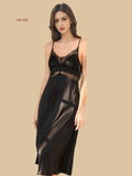 16mm silk lace panel nightgown front V-neck lace cups in black.