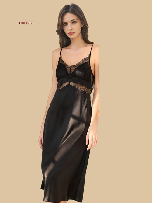 16mm silk lace panel nightgown front V-neck lace cups in black.