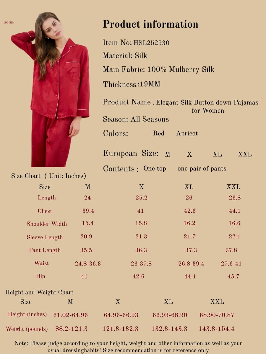 Elegant Silk Button down Pajamas for Women