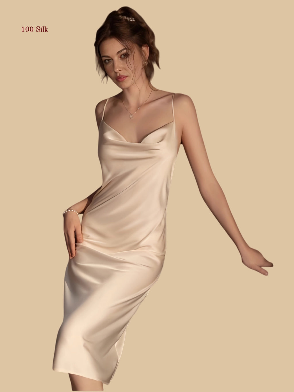 Champagne 19mm mid-length silk lounge set front view with long robe and draped slip