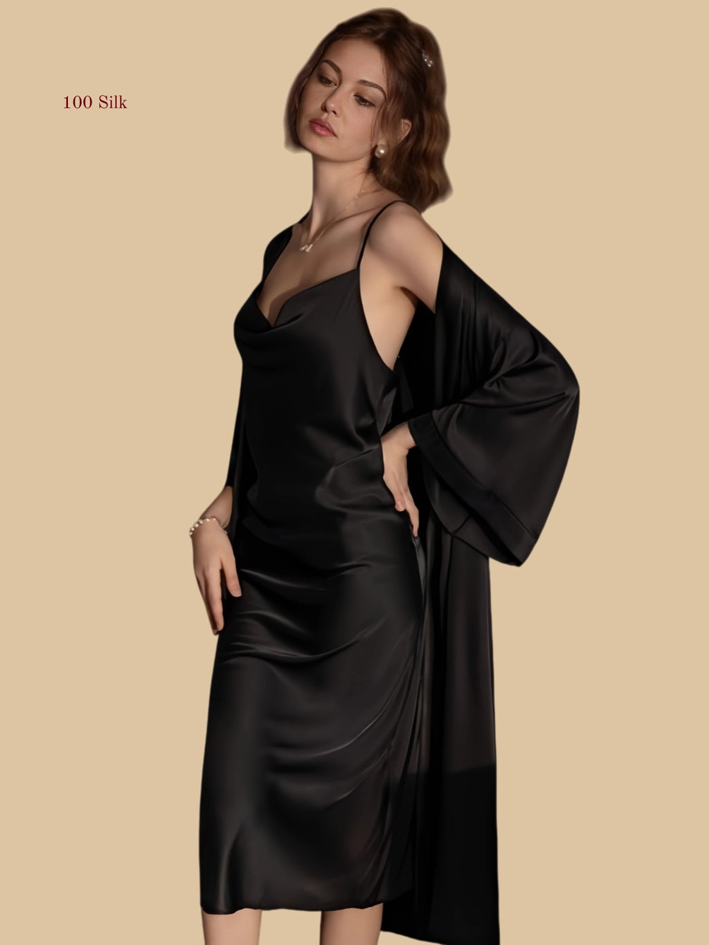 Black 19mm mid-length silk lounge set front view with long robe and draped cowl-neck slip
