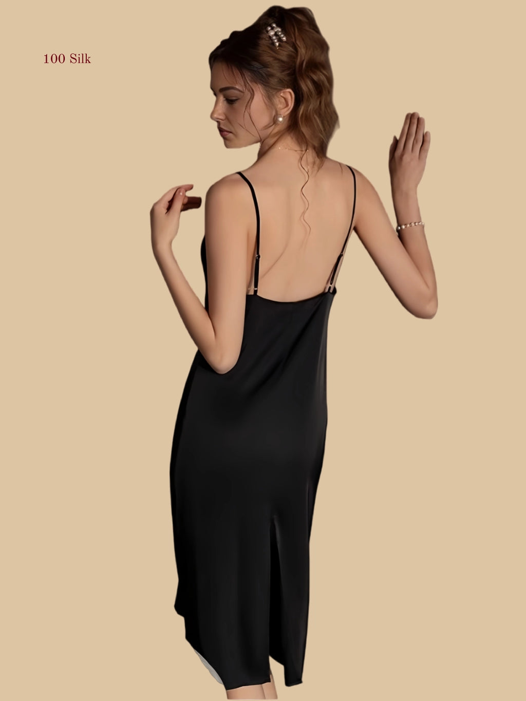 Black 19mm silk slip back view with open back and mid-length silhouette