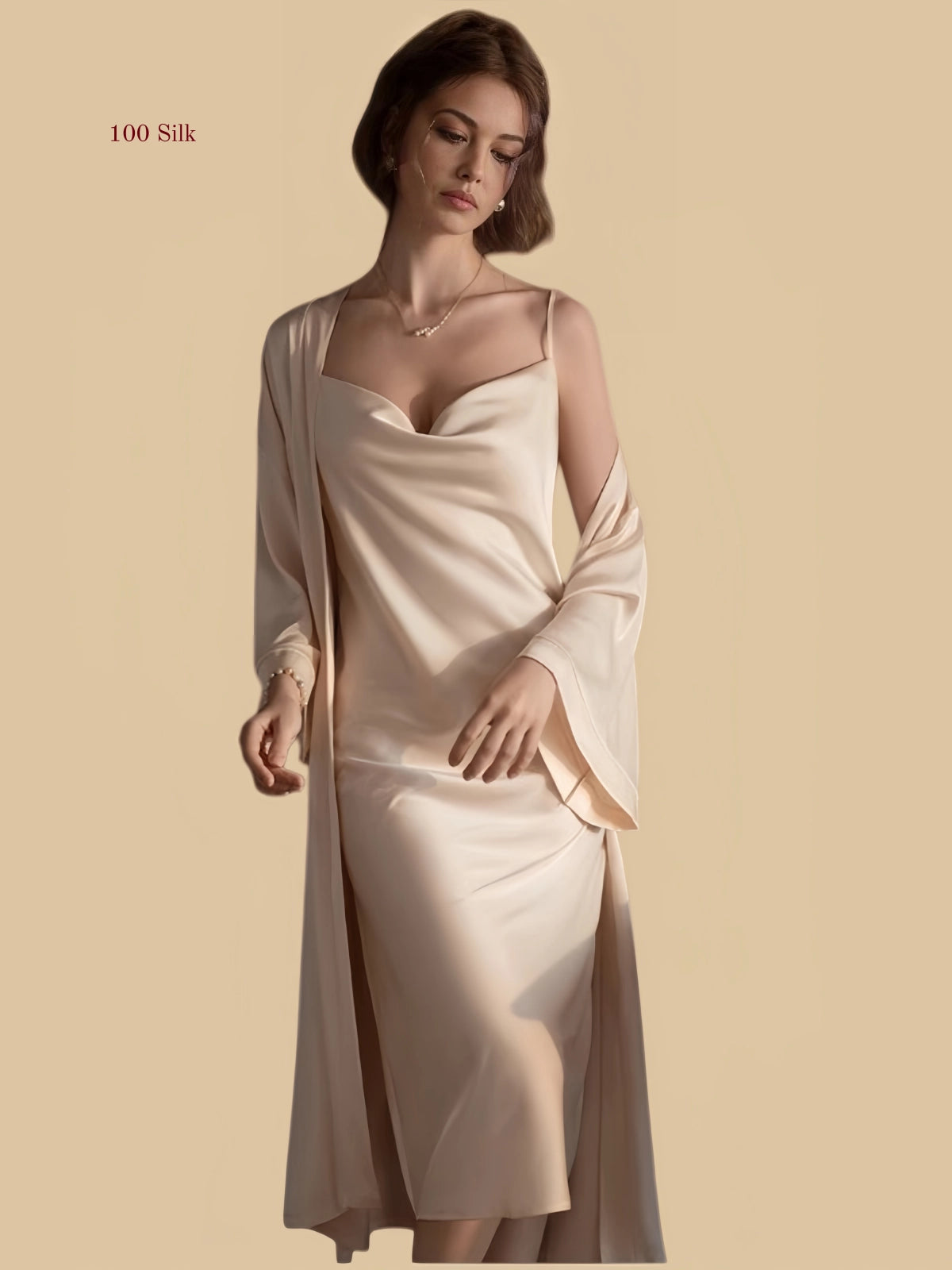Champagne 19mm mid-length silk lounge set front view with long robe and draped slip