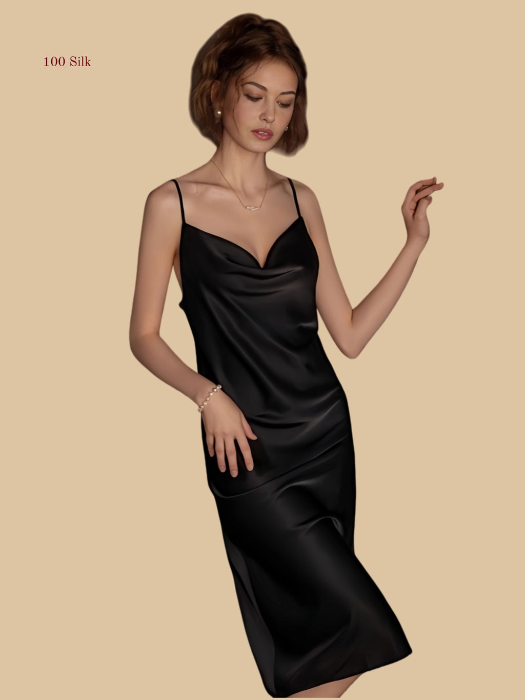 Black 19mm silk slip front view with fluid cowl neckline and slim straps