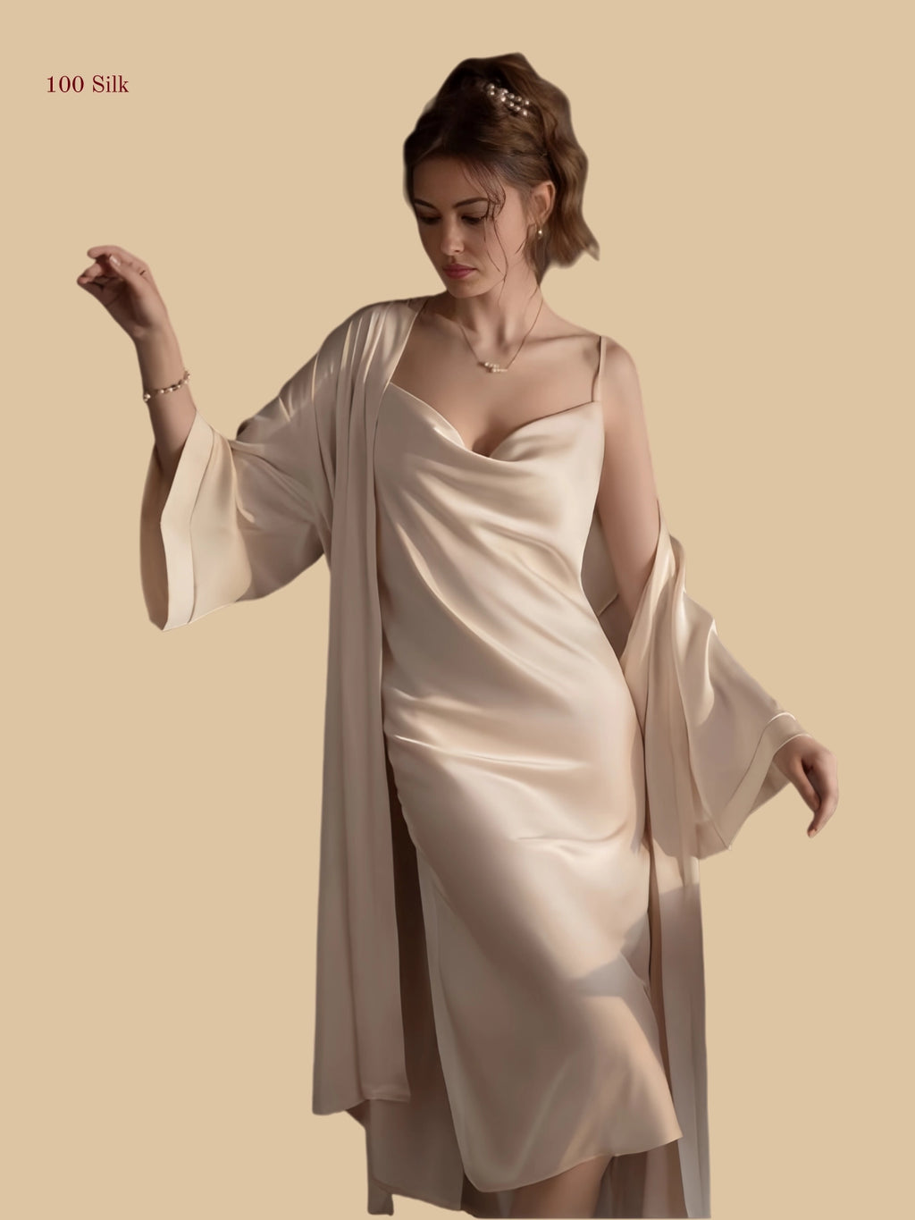 Elegant Mid-Length Silk Women Two Piece Sets Bathrobe - 100% Mulberry Silk Silk Nightgown And Robe Set | Silkgala