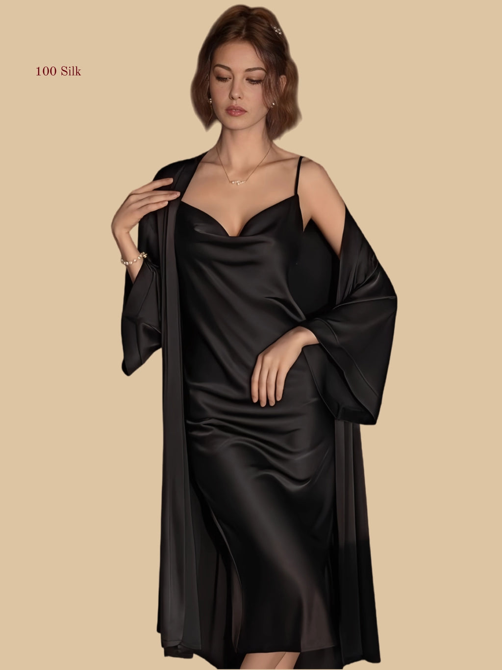 Black 19mm mid-length silk lounge set front view with long robe and draped cowl-neck slip