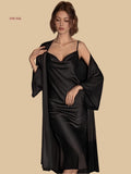 Black 19mm mid-length silk lounge set front view with long robe and draped cowl-neck slip