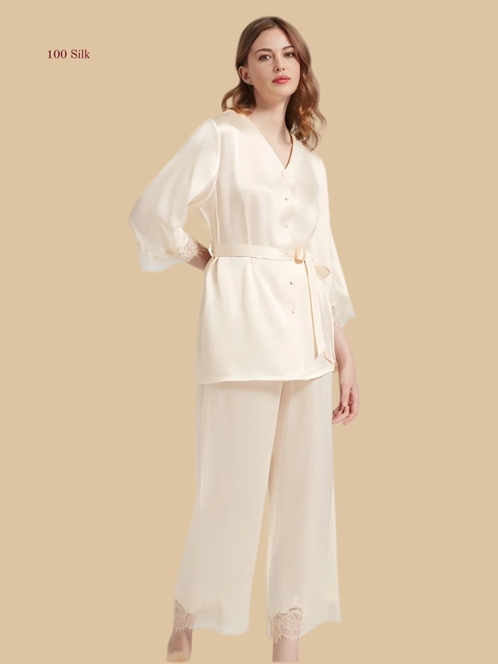 Soft Ivory 19mm waist-tie silk set front view with V neckline, lace-trim cuffs, and full-length pants
