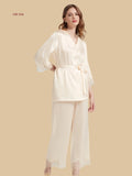 Soft Ivory 19mm waist-tie silk set front view with V neckline, lace-trim cuffs, and full-length pants