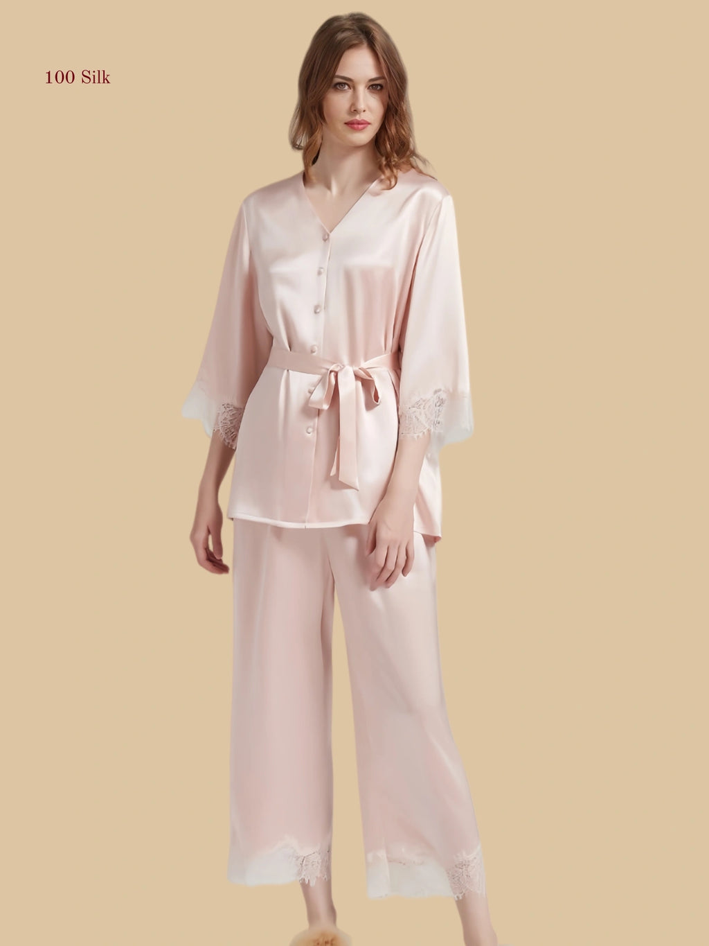 Pink 19mm waist-tie silk set front view with self-tie waist and full-length pants