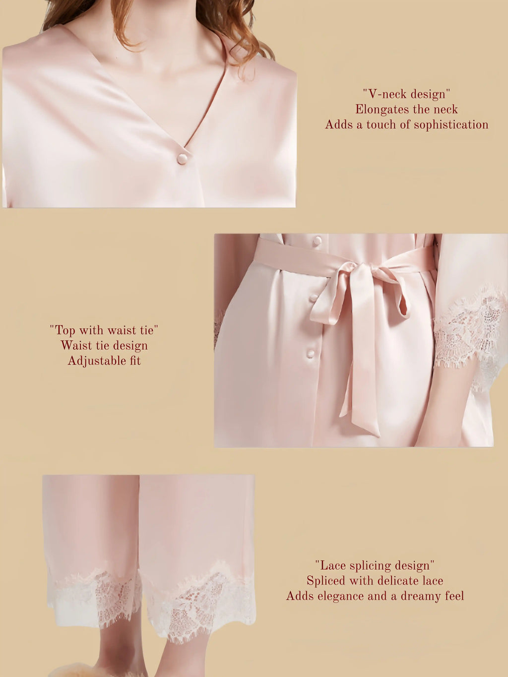 Detail view of 19mm silk set showing V-neckline, waist tie, and lace-trim pant hem