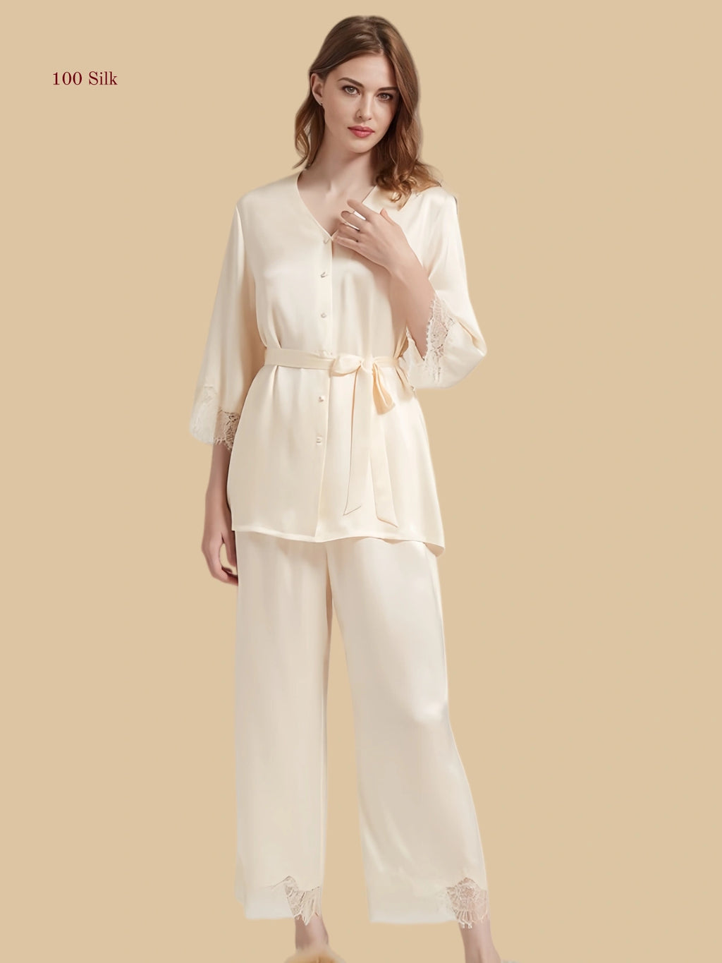 Soft Ivory 19mm waist-tie silk set front view with V neckline, lace-trim cuffs, and full-length pants