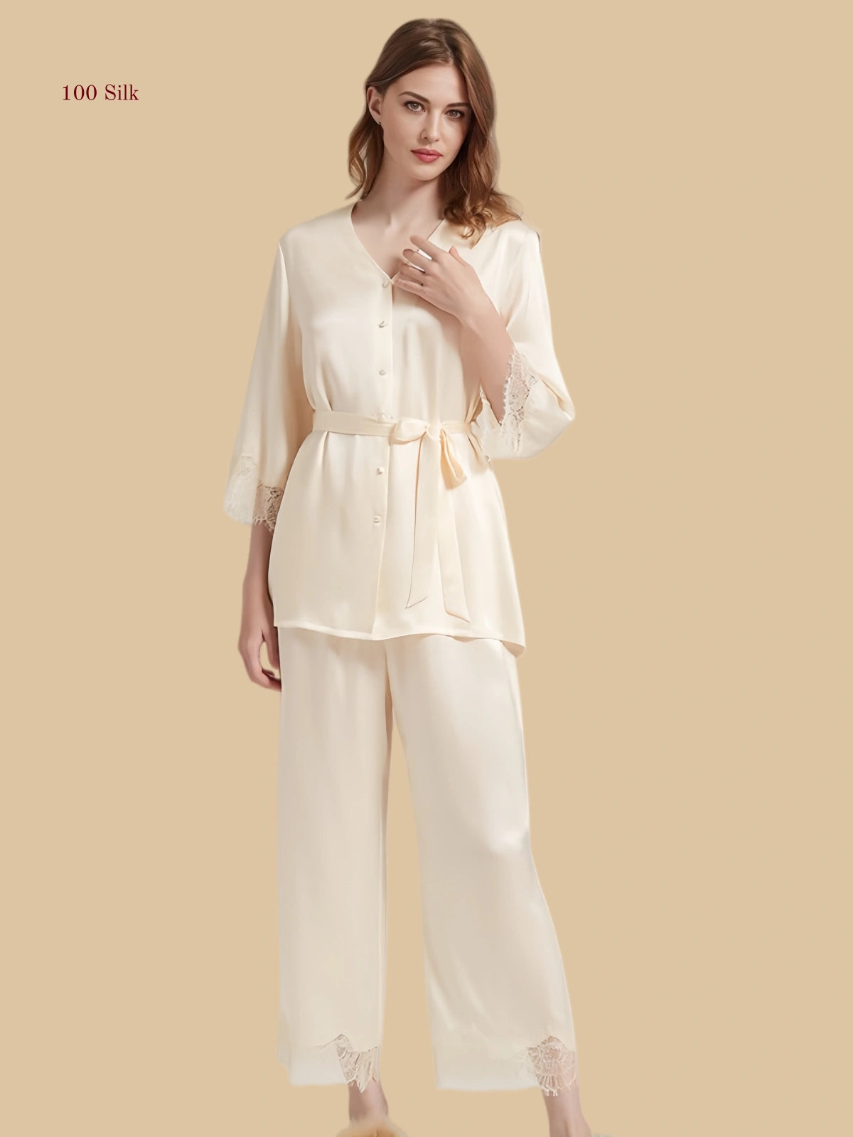 Elegant Silk Womens Long Sleeve Pajamas - 100% Mulberry Silk Silk Nightgown And Robe Set | Silkgala