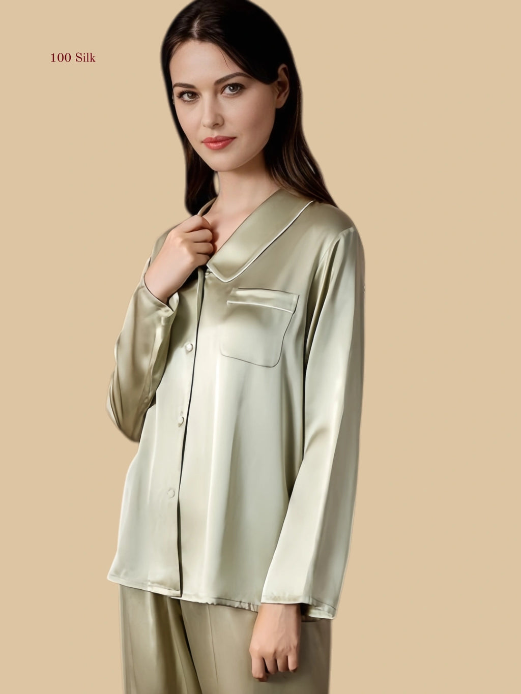 Green 19mm piped pajama set front view with rounded notch collar and chest pocket